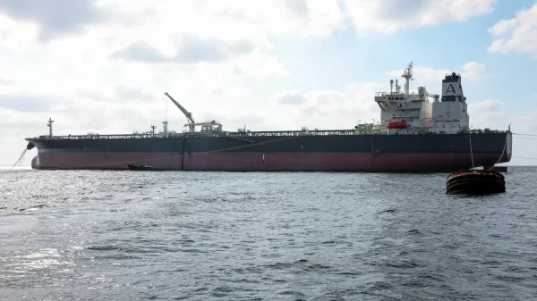 Crude oil tanker Nissos Christiana, first ship to transport oil from Syria since the fall of Bashar al-Assad's regime, is anchored in the port of Tartus, Syria, September 1, 2025. REUTERS/Mahmoud Hassano