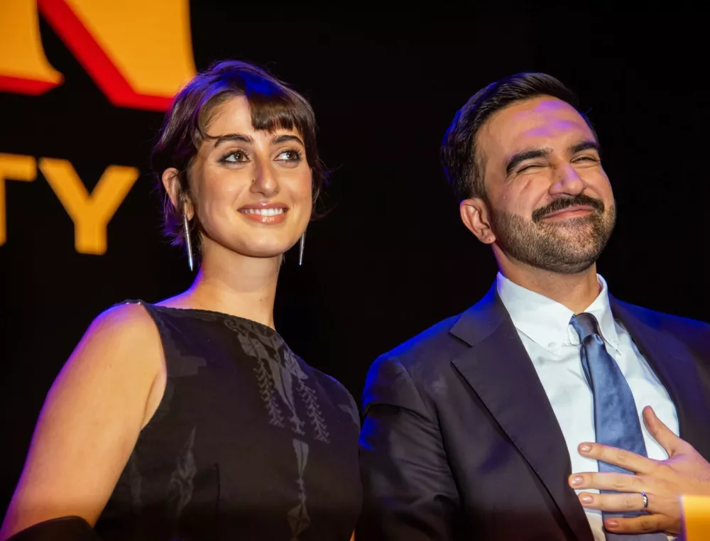 Zohran Mamdani, New York City mayoral candidate, and his wife Rama Duwaji during an election night event at The Brooklyn Paramount Theater in the Brooklyn borough of New York, US, on Tuesday, Nov. 4, 2025. Mamdani won a historic victory to become the city's 111th mayor defeating independent mayoral candidate Andrew Cuomo and Republican mayoral candidate Curtis Sliwa.Election Night For Zohran Mamdani At Brooklyn Paramount, NYC, United States - 05 Nov 2025,Image: 1050685656, License: Rights-managed, Restrictions:, Model Release: no