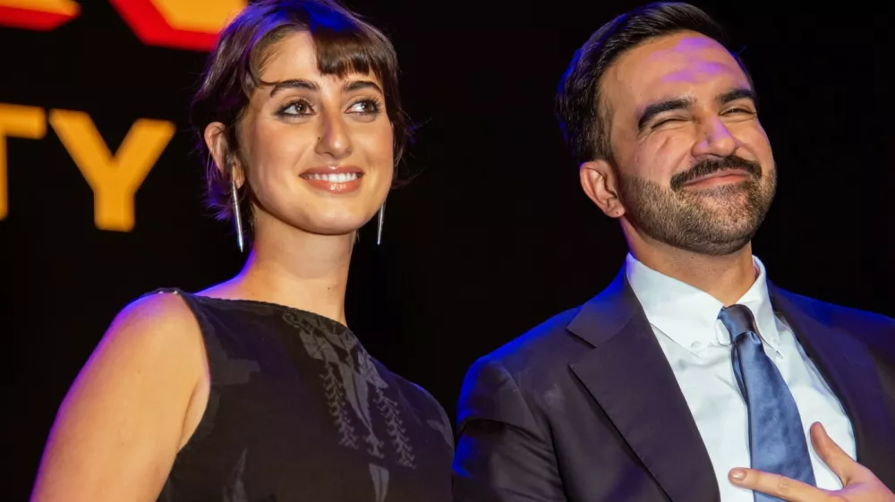 Zohran Mamdani, New York City mayoral candidate, and his wife Rama Duwaji during an election night event at The Brooklyn Paramount Theater in the Brooklyn borough of New York, US, on Tuesday, Nov. 4, 2025. Mamdani won a historic victory to become the city's 111th mayor defeating independent mayoral candidate Andrew Cuomo and Republican mayoral candidate Curtis Sliwa.Election Night For Zohran Mamdani At Brooklyn Paramount, NYC, United States - 05 Nov 2025,Image: 1050685656, License: Rights-managed, Restrictions:, Model Release: no