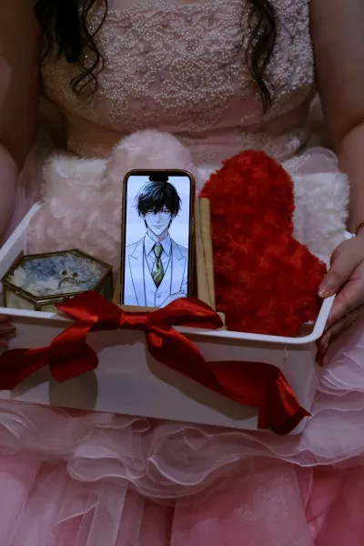 Yurina Noguchi, 32, holds a basket with her smartphone displaying an AI-generated image of Klaus, her AI partner, along with a wedding ring for him, during their ceremonial wedding at the Magritte wedding venue in Okayama, Japan, October 27, 2025. REUTERS/Kim Kyung-Hoon  SEARCH "JAPAN KYUNG-HOON AI WEDDING" FOR THIS STORY. SEARCH "WIDER IMAGE" FOR ALL STORIES.