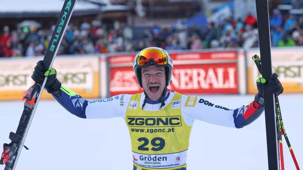 Czech Republic's Jan Zabystran reacts after completing an alpine ski, men's World Cup super-G, in Val Gardena, France, Friday, Dec.19, 2025 (AP Photo/Alessandro Trovati)
