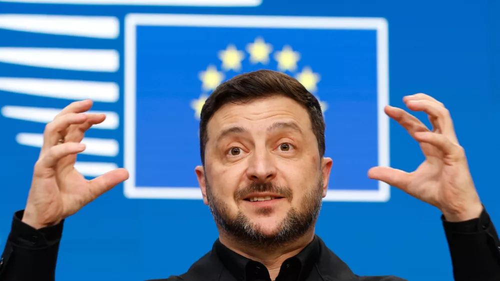 Ukraine's President Volodymyr Zelenskyy speaks during a media conference at the EU Summit in Brussels, Thursday, Dec. 18, 2025. (AP Photo/Geert Vanden Wijngaert)