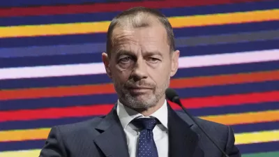 UEFA President Aleksander Ceferinsits on the podium during the 49th UEFA congress in Belgrade, Serbia, Thursday, April 3, 2025. (AP Photo/Darko Vojinovic)