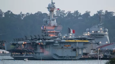The French aircraft carrier Charles de Gaulle is seen at the former US naval base in Subic Bay, Zambales province, north of Manila on February 23, 2025. The aircraft carrier strike group, which includes a trio of destroyers, joined the Philippine Navy on February 21 for drills in the South China Sea that Manila said were aimed at enhancing "interoperability, communication, and defense capabilities".,Image: 967966197, License: Rights-managed, Restrictions:, Model Release: no