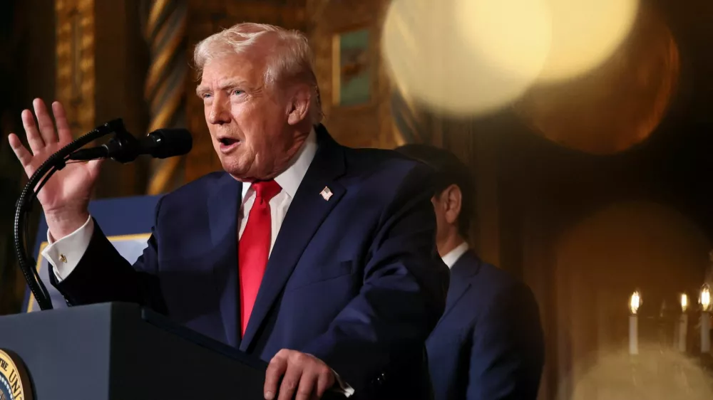 U.S. President Donald Trump attends a press conference, as he makes an announcement about the Navy's "Golden Fleet" at Mar-a-lago in Palm Beach, Florida, U.S., December 22, 2025. REUTERS/Jessica Koscielniak