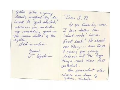 A card that makes a crude reference to U.S. President Donald Trump, purportedly written by convicted sex offender Jeffrey Epstein to Larry Nassar, who is serving a life sentence for sexually abusing hundreds of girls, is shown in this image released by the Department of Justice in Washington, D.C., U.S., on December 23, 2025, as part of a new trove of documents from its investigations into the late financier and convicted sex offender Jeffrey Epstein. The postmark on its envelope is Virginia, not New York, where Epstein was jailed, and indicates the envelope was processed three days after his death in August 2019. The return address on the envelope incorrectly identifies the jail where Epstein was being held and does not include his inmate number, as required by the Bureau of Prisons policy manual for outgoing mail. Reuters was unable to determine whether the card is authentic.  U.S. Justice Department/Handout via REUTERS  THIS IMAGE HAS BEEN SUPPLIED BY A THIRD PARTY