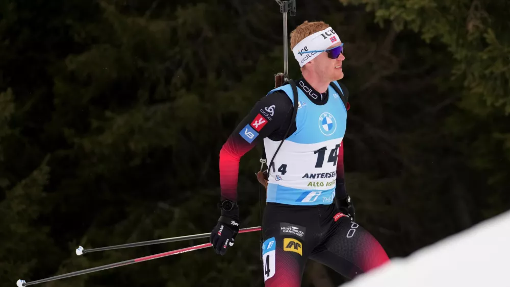 FILE - Sivert Guttorm Bakken of Norway competes during the men's 15km mass start race at the biathlon World Cup in Anterselva, Italy, Jan. 22, 2022. (AP Photo/Matthias Schrader, File)