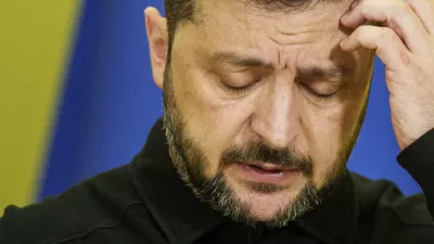 Ukraine's President Volodymyr Zelenskyy speaks during a joint press conference with European Parliament President Roberta Metsola in Kyiv, Ukraine, Wednesday, Sept. 17, 2025. (AP Photo/Evgeniy Maloletka)