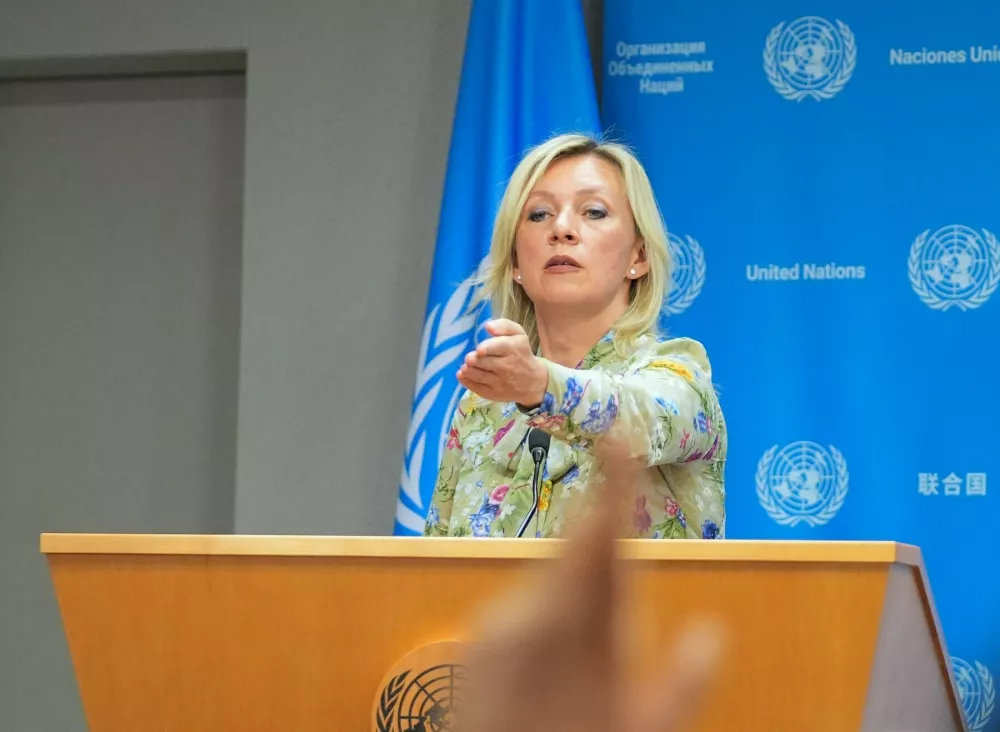NEW YORK, UNITED STATES - JULY 17: Russian Foreign Minister Sergey Lavrov (not seen) holds press briefing at UN headquarters after he chairs the UN Security Council Meeting on the situation in the Middle East, including the Palestinian question in New York, United States on July 17, 2024. Russian Foreign Ministry Spokesperson Maria Zaharova also attended the press conference. Selcuk Acar / Anadolu,Image: 890384534, License: Rights-managed, Restrictions:, Model Release: no