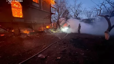 Firefighters work at the site of a residential building damaged during Russian missile and drone strikes, amid Russia's attack on Ukraine, in Kyiv, Ukraine December 27, 2025. Press service of the State Emergency Service of Ukraine/Handout via REUTERS ATTENTION EDITORS - THIS IMAGE HAS BEEN SUPPLIED BY A THIRD PARTY. DO NOT OBSCURE LOGO.