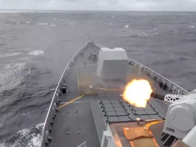 A ship fires a weapon during drills east of Taiwan, in this screenshot from a video released by the Eastern Theatre Command of China's People's Liberation Army (PLA) on December 29, 2025. Eastern Theatre Command/Handout via REUTERS ATTENTION EDITORS - THIS IMAGE WAS PROVIDED BY A THIRD PARTY. MANDATORY CREDIT. NO RESALES. NO ARCHIVES.   TPX IMAGES OF THE DAY