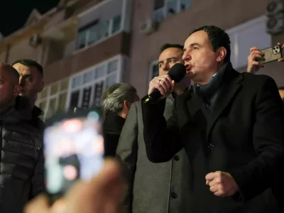 Kosovo's Prime Minister and Levizja Vetevendosje (Movement for Self-Determination) party leader Albin Kurti greets speaks to supporters, as his party won more than half of the votes in a snap parliamentary election, nearly a year after a political deadlock that prevented the formation of a new government, in Pristina, Kosovo, December 28, 2025. REUTERS/Valdrin Xhemaj