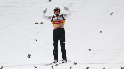Ski Jumping - Four Hills Tournament - Oberstdorf, Germany - December 29, 2025 Slovenia's Domen Prevc reacts after the final round REUTERS/Kai Pfaffenbach