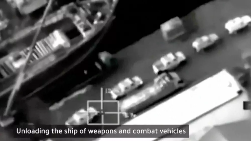 This frame grab from video broadcast by Saudi state television on Tuesday, Dec. 30, 2025, shows what the kingdom describes as a shipment of weapons and armored vehicles coming from the United Arab Emirates, at Mukalla, Yemen. (Saudi state television via AP)