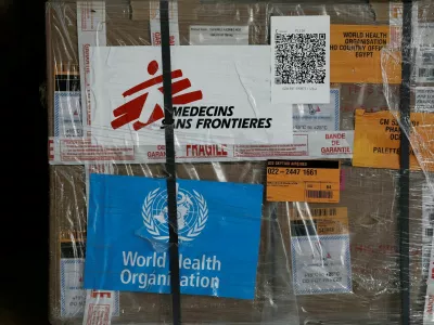 FILE PHOTO: View of humanitarian supplies for Gaza, with the logos of Medecins Sans Frontieres (Doctors Without Borders) and World Health Organization, stored at the Egyptian Red Crescent warehouses storing aid, in the Egyptian border town of El-Arish, Egypt, April 8, 2025. REUTERS/Benoit Tessier/Pool/File Photo