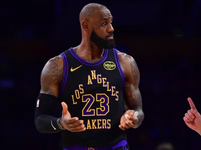 Dec 30, 2025; Los Angeles, California, USA; Los Angeles Lakers forward LeBron James (23) reacts during the second half at Crypto.com Arena. Mandatory Credit: Gary A. Vasquez-Imagn Images