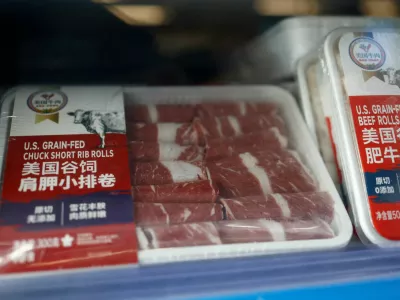 FILE PHOTO: Packs of frozen beef rib rolls imported from U.S. are pictured at a supermarket in Beijing, China April 9, 2025. REUTERS/Tingshu Wang/File Photo