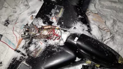 This image made from undated video provided by the Russian Defense Ministry Press Service on Wednesday, Dec. 31, 2025, shows a downed drone at an undisclosed location that it said was one of the Ukrainian drones involved in an alleged attack on a residence of President Vladimir Putin this week – a claim Kyiv has denied as a "lie". (Russian Defense Ministry Press Service via AP)