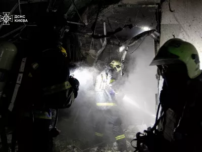 Firefighters work at the site of a private hospital damaged during Russian drone and missile strikes, amid Russia's attack on Ukraine, in Kyiv, Ukraine January 5, 2026. Press service of the State Emergency Service of Ukraine in Kyiv/Handout via REUTERS ATTENTION EDITORS - THIS IMAGE HAS BEEN SUPPLIED BY A THIRD PARTY. DO NOT OBSCURE LOGO.