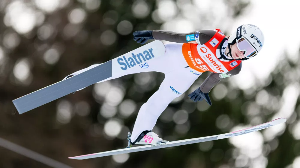 Nika Prevc of Slovenia soars through the air during the women's FIS Ski Jumping World Cup competition at the Gross-Titlis Schanze, in Engelberg, Switzerland, Saturday, Dec. 20, 2025. (Philipp Schmidli/Keystone via AP)