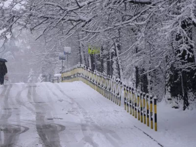 A woman walks through the snow covered street during a snowfall in Belgrade, Serbia, Sunday, Jan. 4, 2026. (AP Photo/Darko Vojinovic)