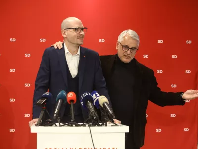 Matej Ta&scaron;ner Vatovec in Matjaž Han06.01.2026 - Predsednik SD Matjaž Han izjava za medije o aktualnih dogajanjih. Prestop poslanca Levice v SDFoto: Luka Cjuha