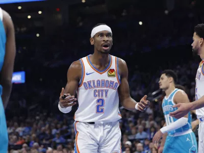 Jan 5, 2026; Oklahoma City, Oklahoma, USA; Oklahoma City Thunder guard Shai Gilgeous-Alexander (2) reacts after an official call following a play against the Charlotte Hornets during the second half at Paycom Center. Mandatory Credit: Alonzo Adams-Imagn Images