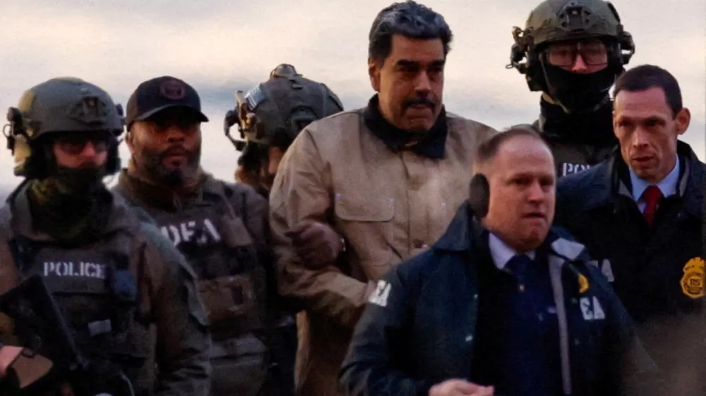 Captured Venezuelan President Nicolas Maduro arrives at the Downtown Manhattan Heliport, as he heads towards the Daniel Patrick Moynihan United States Courthouse in Manhattan for an initial appearance to face U.S. federal charges including narco-terrorism, conspiracy, drug trafficking, money laundering and others in New York City, U.S., January 5, 2026. REUTERS/Eduardo Munoz   TPX IMAGES OF THE DAY