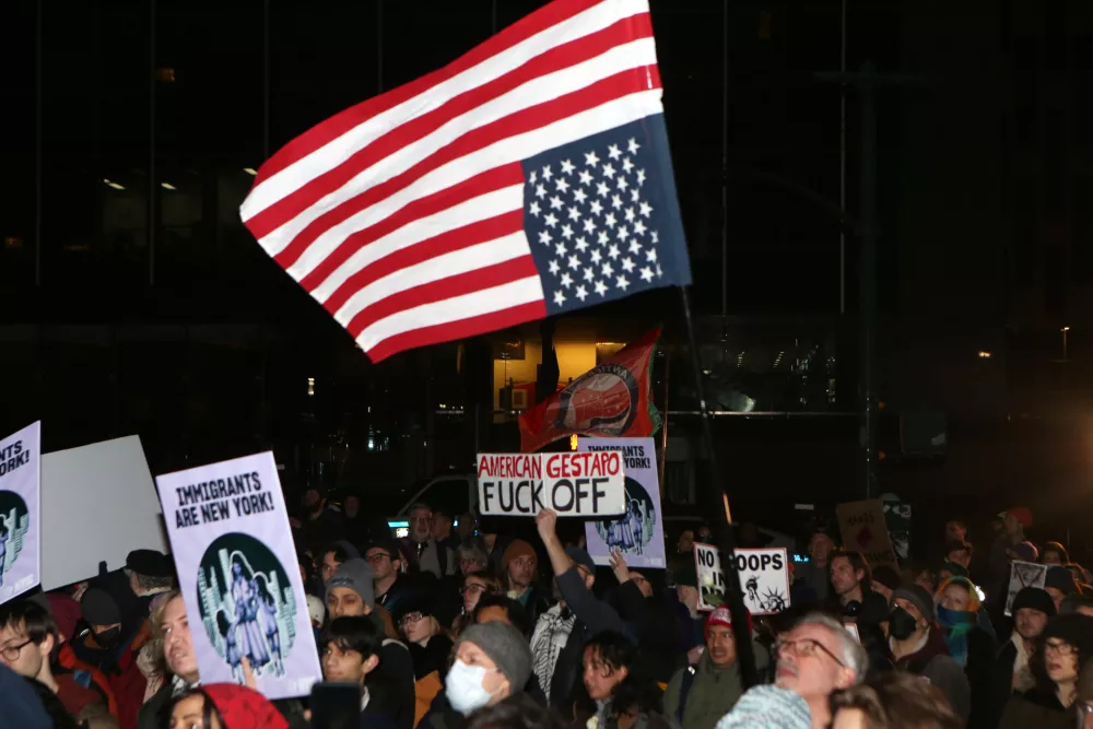 07 January 2026, US, New York City: New Yorkers protest after Minneapolis woman Renee Good was shot and killed by an ICE officer. The New York Immigration Coalition (NYIC) held a protest in Foley Square. Photo: Krista Kennell/ZUMA Press Wire/dpa