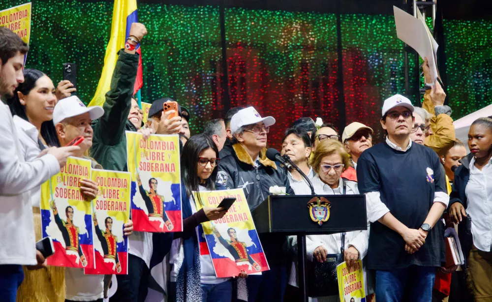 07 January 2026, Colombia, BogotaColombian President Gustavo Petro speaks at a rally in defence of national sovereignty in Bogota after US President Donald Trump suggested the United States might intervene militarily in Colombia, days after US forces struck Venezuela and captured Venezuelan President Nicolas Maduro and his wife Cilia Flores. PhotoIsabella Bobadilla/LongVisual via ZUMA Press Wire/dpa