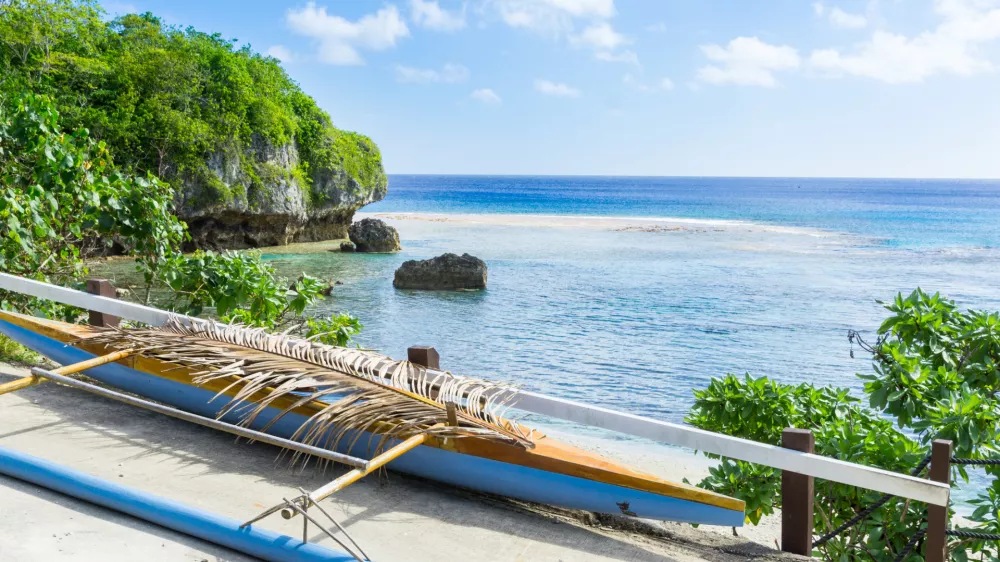Out-rigger canoe under palm frond to shield some rainwater from boat on ledge overlooking scenic coastline and vast Pacific Island, Niue.