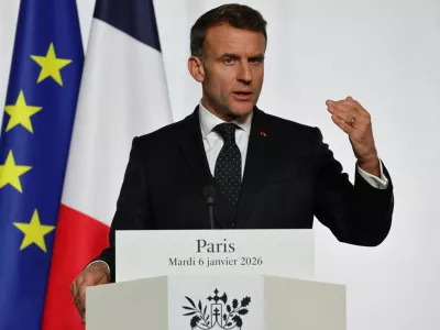 France's President Emmanuel Macron delivers a press conference upon the signing of the declaration on deploying post-ceasefire force in Ukraine during the so-called 'Coalition of the Willing' summit, at the Elysee Palace in Paris, France, January 6, 2026. Ludovic Marin/Pool via REUTERS