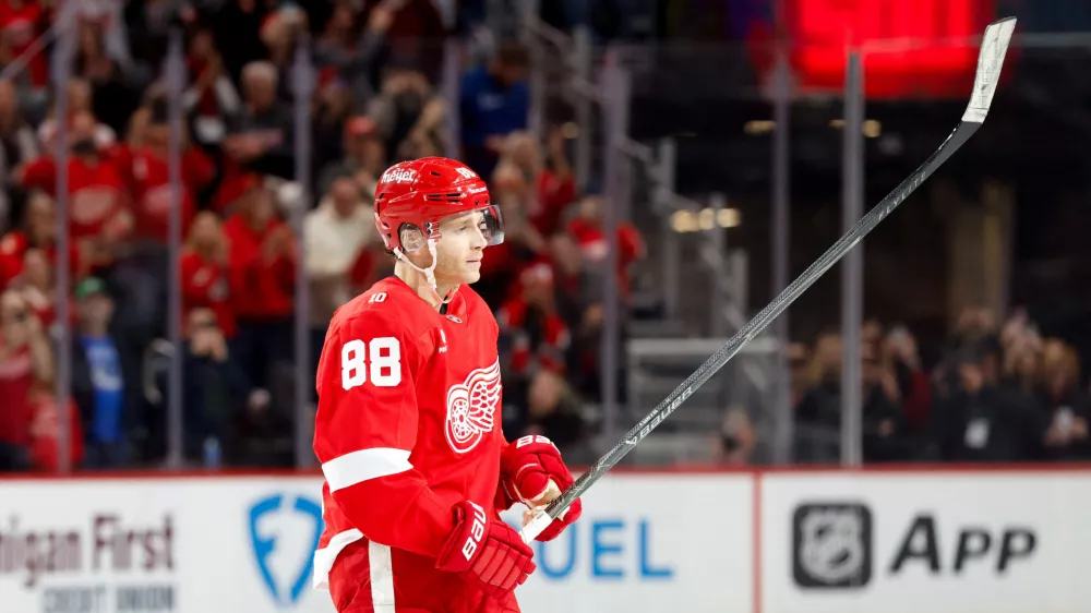 Jan 8, 2026; Detroit, Michigan, USA; Detroit Red Wings right wing Patrick Kane (88) celebrates after he scores his 500 career goal in the third period against the Vancouver Canucks at Little Caesars Arena. Mandatory Credit: Rick Osentoski-Imagn Images