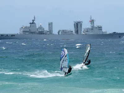 The Chinese supply ship Taihu is moored in False Bay near Simon's Town, South Africa, Friday, Jan. 9, 2026. (AP Photo/Nardus Engelbrecht)