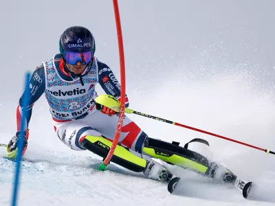 France's Paco Rassat speeds down the course during an alpine ski, men's World Cup slalom, in Adelboden, Switzerland, Sunday, Jan. 11, 2026. (AP Photo/Gabriele Facciotti)