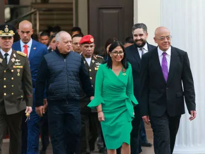 FILE PHOTO: Venezuela's Defence Minister Vladimir Padrino Lopez, Interior Minister Diosdado Cabello, interim President Delcy Rodriguez, Nicolas Maduro Guerra, son of ousted president Nicolas Maduro, and National Assembly President Jorge Rodriguez, walk together at the National Assembly, in Caracas, Venezuela, January 5, 2026. Marcelo Garcia/Miraflores Palace/Handout via REUTERS ATTENTION EDITORS - THIS IMAGE HAS BEEN SUPPLIED BY A THIRD PARTY/File Photo