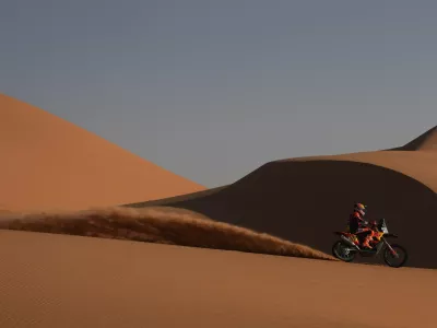 Rider Luciano Benavides competes during the eighth stage of the Dakar Rally with a start and finish at Wadi Ad Dawasir, Saudi Arabia, Monday, Jan.12, 2026. (AP Photo/Thibault Camus)