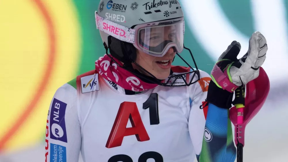 Alpine Skiing - FIS Alpine Ski World Cup - Women's Night Slalom - Flachau, Austria - January 13, 2026 Slovenia's Nika Tomsic reacts during the women's slalom REUTERS/Gintare Karpaviciute