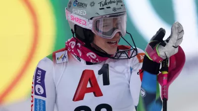 Alpine Skiing - FIS Alpine Ski World Cup - Women's Night Slalom - Flachau, Austria - January 13, 2026 Slovenia's Nika Tomsic reacts during the women's slalom REUTERS/Gintare Karpaviciute