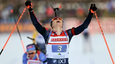 Norway's Maren Kirkeeide crosses the finishing line during the Biathlon women's World Cup, relay 4 x 6 km event, in Ruhpolding, Germany, Wednesday, Jan. 14, 2026. (Sven Hoppe/dpa via AP)
