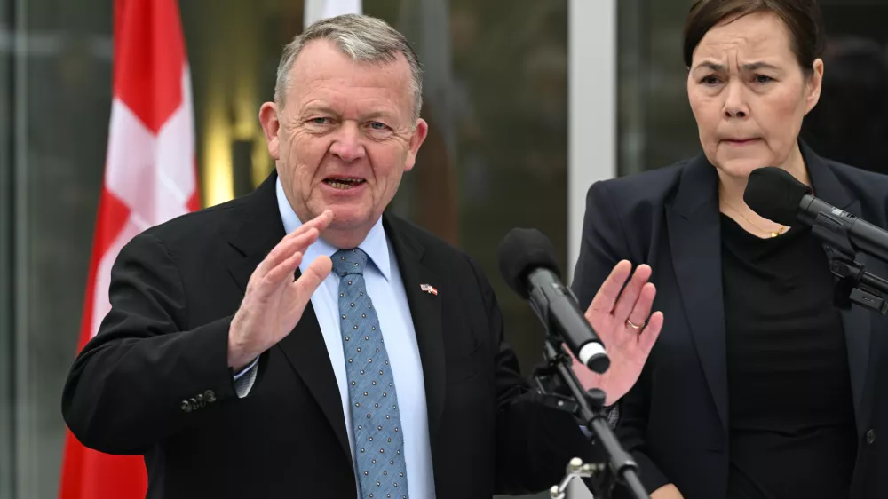 Denmark's Foreign Minister Lars L&oslash;kke Rasmussen and Greenland's Foreign Minister Vivian Motzfeldt speak at a news conference at the Embassy of Denmark, Wednesday, Jan. 14, 2026, in Washington. (AP Photo/John McDonnell)