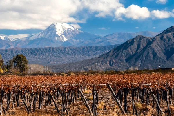 Volcano Aconcagua and Vineyard. Aconcagua is the highest mountain in the Americas at 6,962 m (22,841 ft). It is located in the Andes mountain range, in the Argentine province of Mendoza
