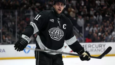 Jan 3, 2026; Los Angeles, California, USA; Los Angeles Kings center Anze Kopitar (11) looks on during overtime against the Minnesota Wild at Crypto.com Arena. Mandatory Credit: Kiyoshi Mio-Imagn Images
