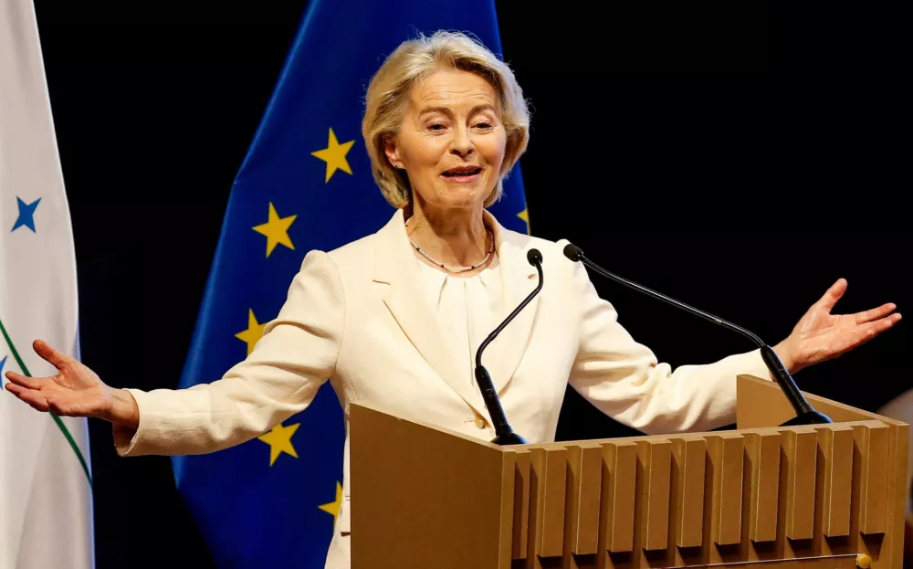 European Commission President Ursula von der Leyen speaks during the signing ceremony of a free trade agreement between the European Union and the South American bloc Mercosur, ending more than 25 years of negotiations, in Asuncion, Paraguay, January 17, 2026. REUTERS/Cesar Olmedo