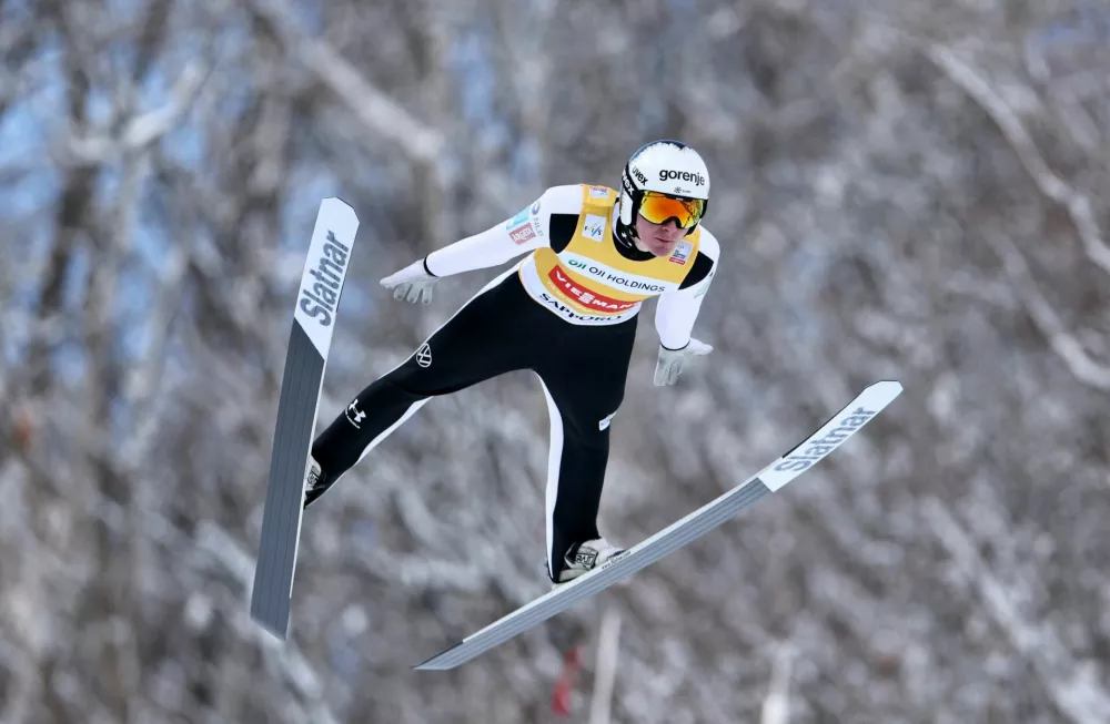 Ski Jumping - Ski Jumping World Cup - Sapporo, Japan - January 18, 2026 Slovenia's Domen Prevc in action during the men's individual HS137 first round REUTERS/Issei Kato