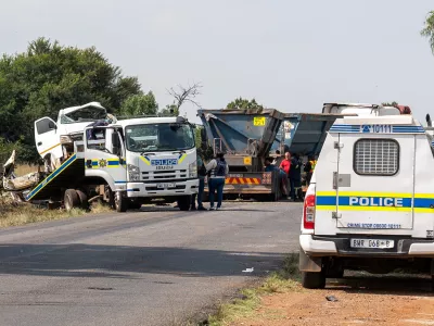 The scene of a fatal crash of 13 schoolchildren who perished ​when their minibus collided with a truck, in Johannesburg, South Africa, January 19, 2026. REUTERS/Shiraaz Mohamed