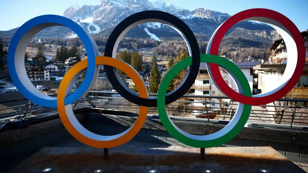 FILE PHOTO: Milano Cortina 2026 Winter Olympics - Previews - Cortina d'Ampezzo, Italy - January 21, 2026 General view of the Olympic rings ahead of the Milano Cortina 2026 Winter Olympics REUTERS/Guglielmo Mangiapane/File Photo
