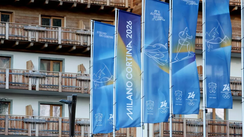 Milano Cortina 2026 Winter Olympics - Previews - Bormio, Italy - January 21, 2026 General view of banners depicting the logo for Milano Cortina Winter Olympic Games 2026 REUTERS/Claudia Greco
