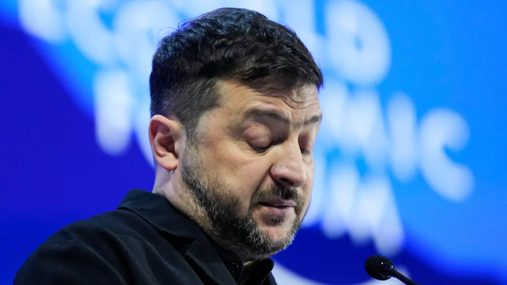 Ukraine's President Volodymyr Zelenskyy delivers a speech at the Annual Meeting of the World Economic Forum in Davos, Switzerland, Thursday, Jan. 22, 2026. (AP Photo/Markus Schreiber)