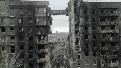 A view shows a residential building destroyed in the course of Ukraine-Russia conflict in the southern port city of Mariupol, Ukraine April 14, 2022. Picture taken with a drone. REUTERS/Pavel Klimov